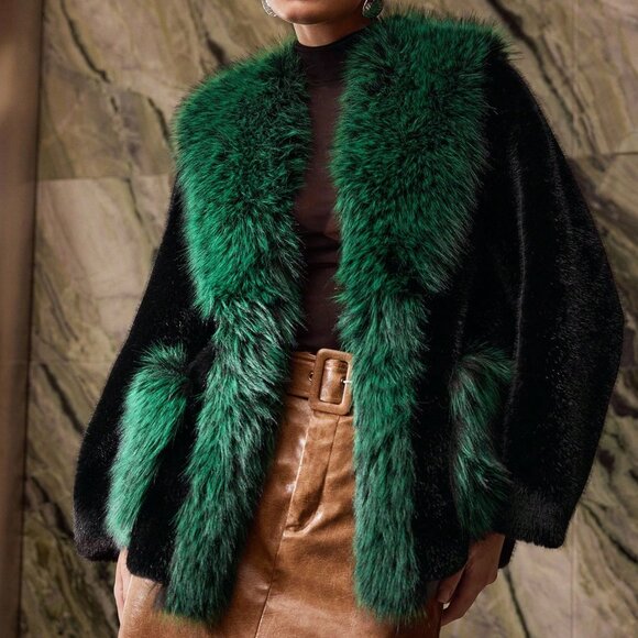 Black Casual Women's Colorblock Waterfall Faux Fur Coat